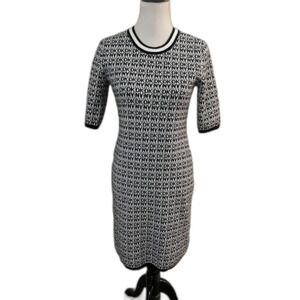DKNY Women Sweater Dress Black & White Monogram Logo SZ S Midi Chic Comfy